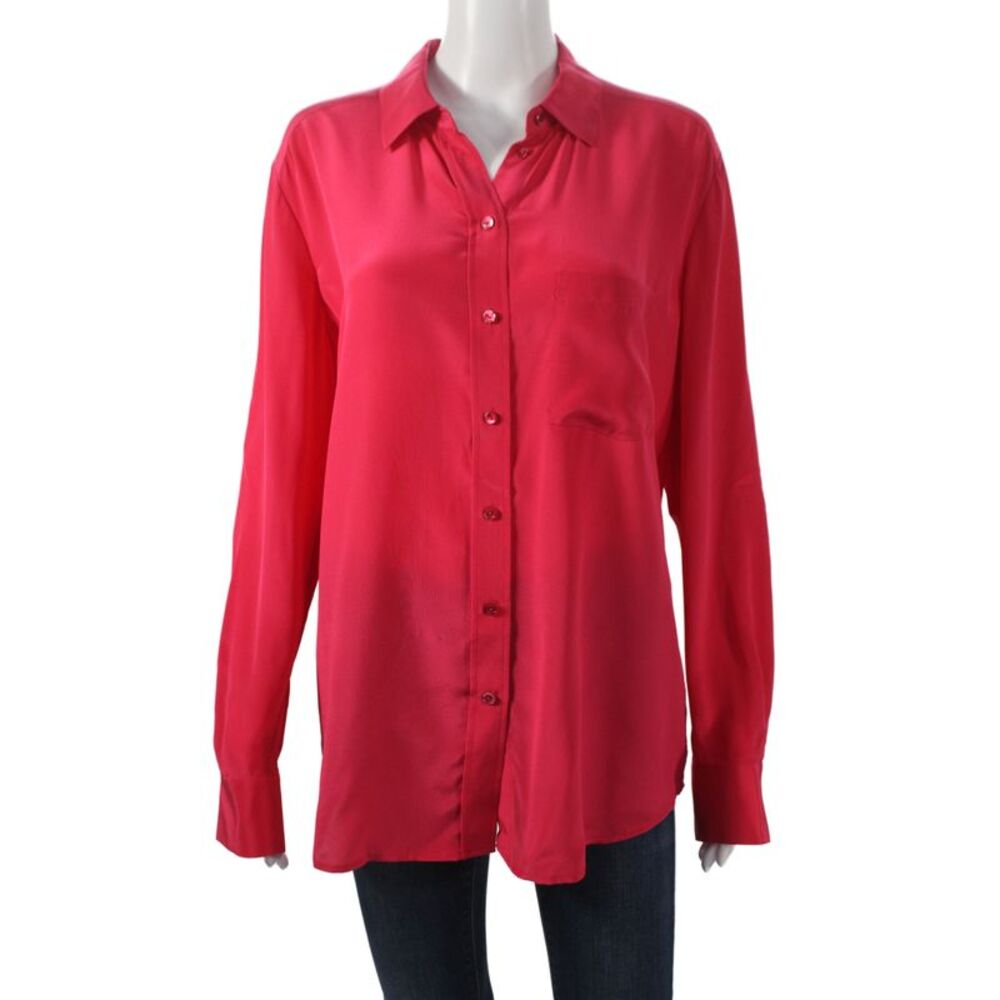 Vince Women Red 100% Silk Collared Long Sleeve Basic Blouse Button Size M